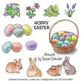 Easter elements including eggs, basket, bunnies, flowers