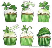 St. Patrick's Day cupcake design with clovers, cap, Irish signs
