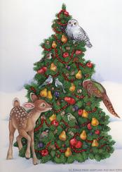 animals, fruit tree, birds, snow