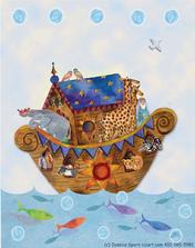 Noah's Ark on the see with colorful whimsical fish