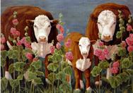 cows, pink flowers, plants
