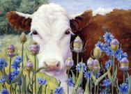 cow, blue, purple, flowers