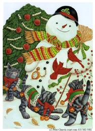 Snowman with 3 playful Christmas cats