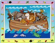 Whimsical Noah's ark on the sea with critter border