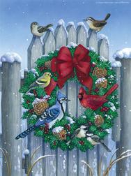 picket fence, snow, wreath, bluejay, cardinal, chickadees, pine cones, berries