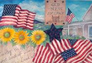 God Bless America, flags, sunflowers, stars, house