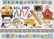 School, alphabet, bus, supplies, globe, crayons