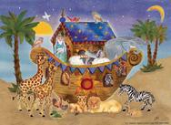 Noah's Ark at night with animals and starry sky and palm trees