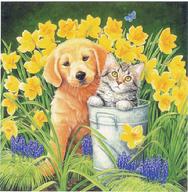 Golden Pup and Kitten Daffodils and watering can by Kathy Goff
