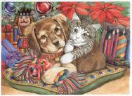 Dog and Cat on pillow in front of Christmas Tree