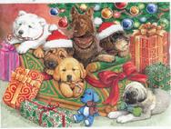 6 Puppies in front of the Christmas Tree with presents