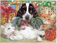 Cats and dog with presents and toy