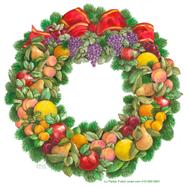Fruit wreath with greenery, apples, pears, plums
