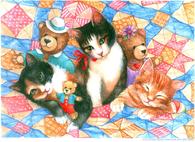 kittens, teddybears, quilt