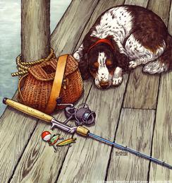 fishing, dog, dock, pole, lures