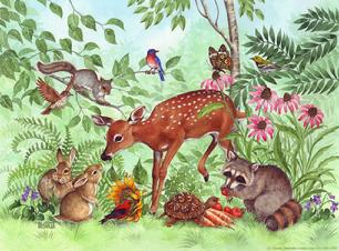 Deer with rabbits, turtle, raccoon, birds, squirrel, flowers