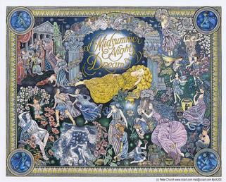 A detailed rendering of Shakespeare's "Midsummer Night's Dream" including the stage and characters.