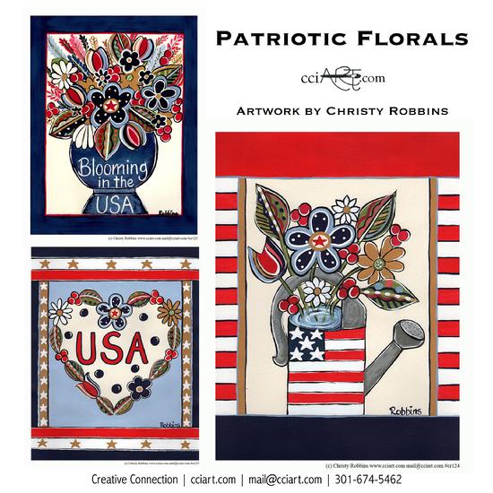 3 Whimsical Patriotic designs included USA in a heart, a vase of flowers and a watering can with flowers and a flag design