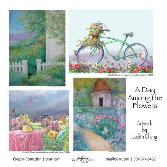 4 stunning soft pastels colored paintings outdoors among gardens.