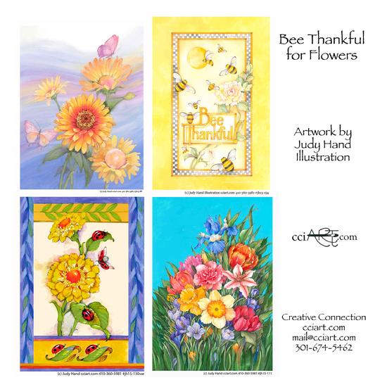 Four bright florals with bees, butterflies or ladybugs.