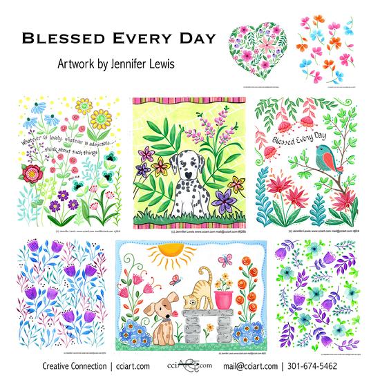 Whimsical Florals and animals, some including inspirational sentiments.