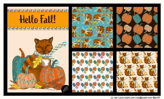 Sleepy cat with stylized pumpkins with coordinating patterns