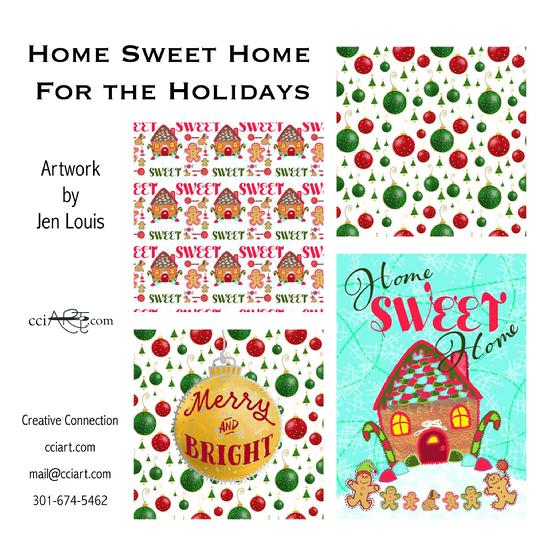 All-Over patterns along with a gingerbread house design and an ornament design.