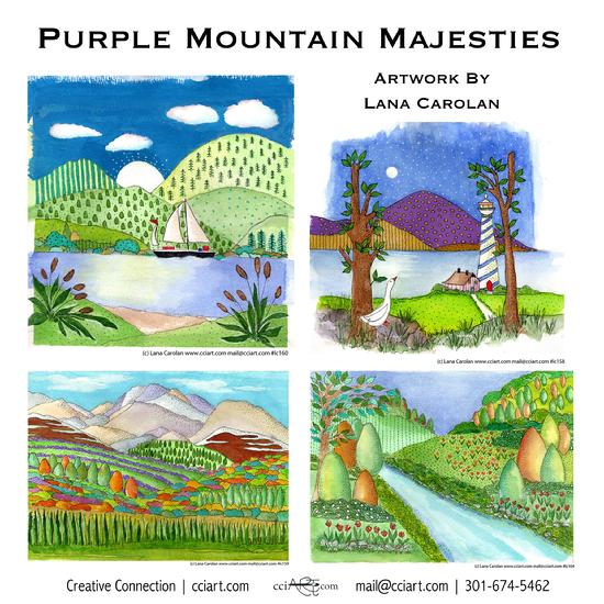 These are regal mountain paintings including one with a sailboat, one with a light house and rolling whimsical hills