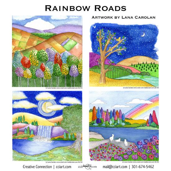 A set of four colorful and whimsical landscape paintings.