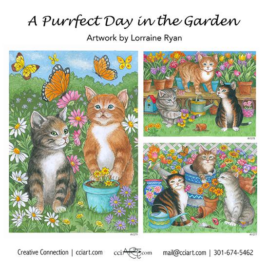 Three adorable cat paintings with butterflies and flowers