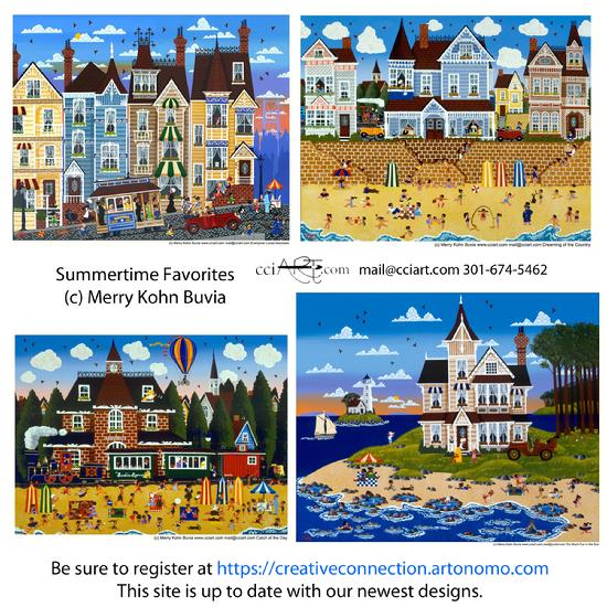 Four whimsical paintings of the beach or people eating ice cream.