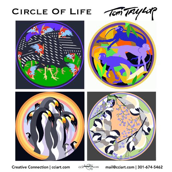 Four unique stylized animal circles including Chrickens, Penguins, Monkies and Chickadees.