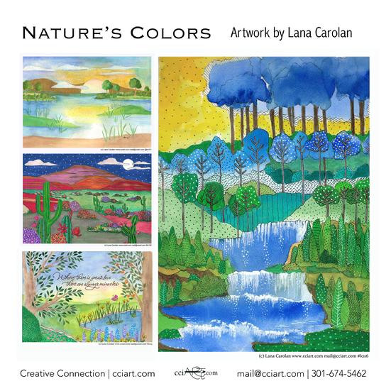 A series of watercolor landscapes with mountains and oceans and skyscapes