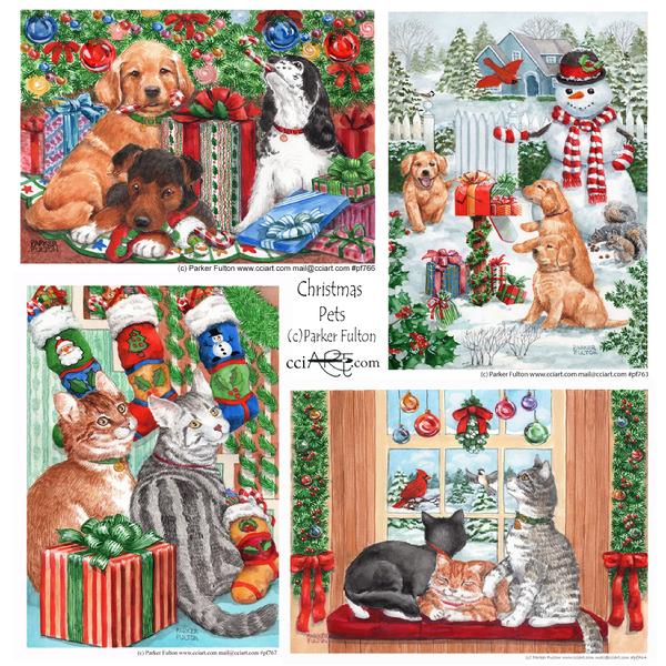 Four dog and cat paintings including dogs under the tree, dogs and a snowman, cats and stockings and cats in the window.