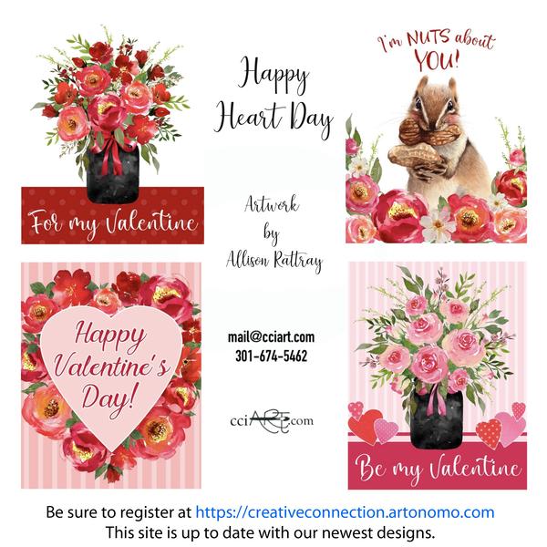 Four red and pink Valentine's day designs including hearts, flowers, a cute squirrel and more.