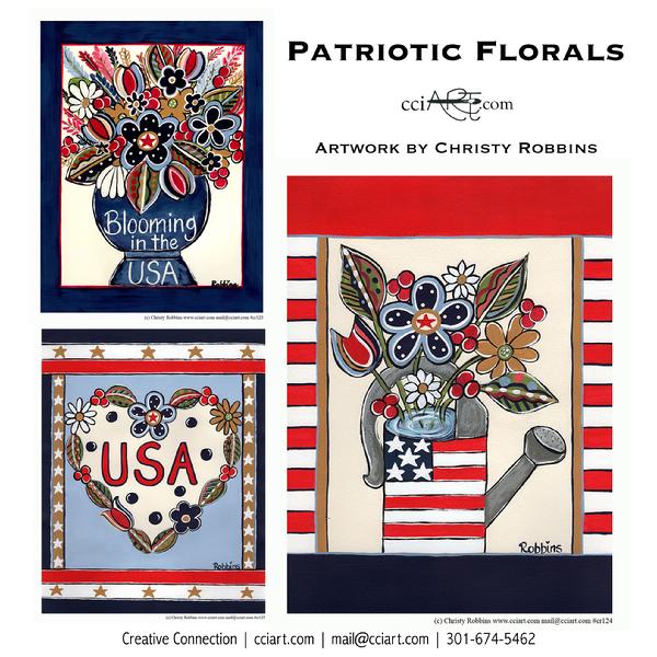 Set of three whimsical patriotic designs including a heart, a vase of flowers and a watering can with flowers and a flag design