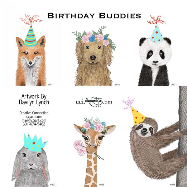 6 adorable party animals including a fox, a golden retriever, a panda, a lop-eared bunny, a giraffe and a sloth.