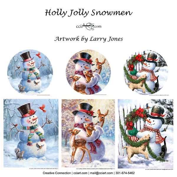A set of three fun and happy snowmen with animals.