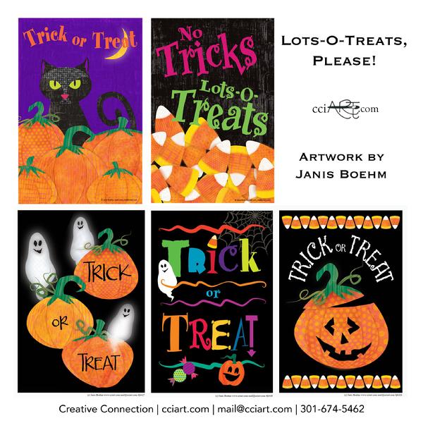 5 fun Halloween designs great for either garden flags or greeting cards.