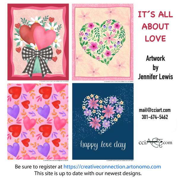 Valentine's Day designs including a heart bouquet, 2 floral hearts and a heart pattern.