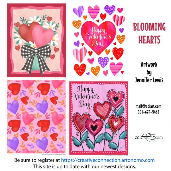 Valentine's Day designs including a heart bouquet, 2 floral hearts and a heart pattern.