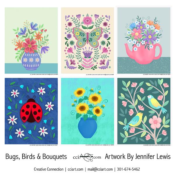 Flowers in vases, birds and flowers, ladybug and more