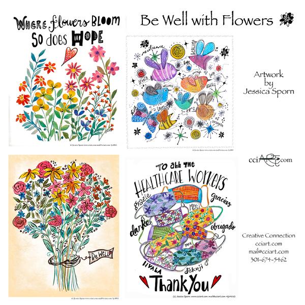 Encouraging whimsical colorful designs for cheering up and for healthcare workers.