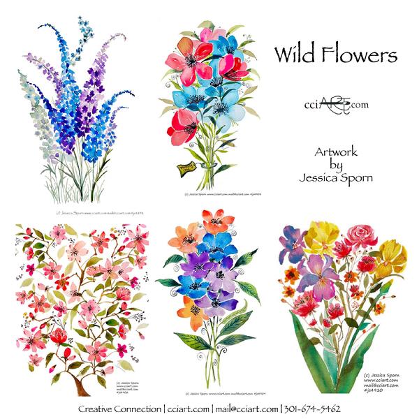 Pretty bouquets filled with whimsical wild flowers for note cards.