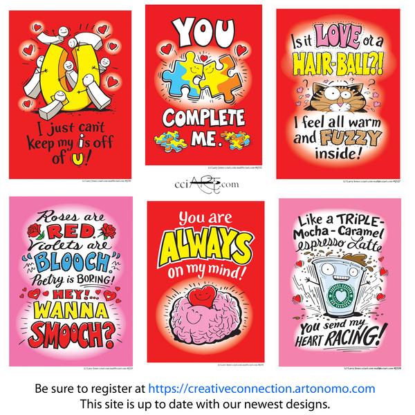A set of six humorous valentine card designs