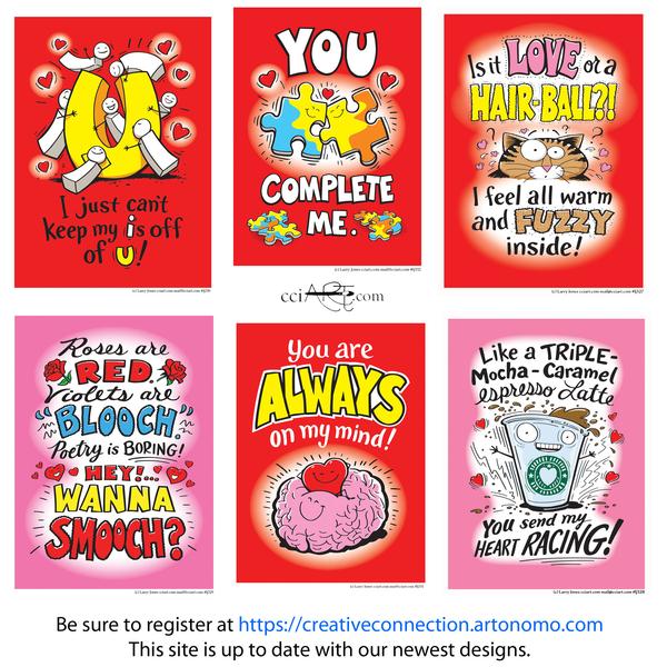 A set of six humorous valentine card designs
