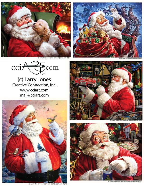 A set of 5 Classic Santa designs by Larry Jones including one with a puppy, one in the toy shop, one with a toy bag and sleigh, one with cookies and one with birds.