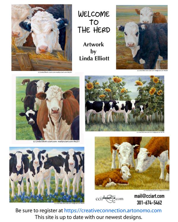 Multiple Cow paintings, one with sunflowers, one with a field of blue flowers and one with a baby cow.