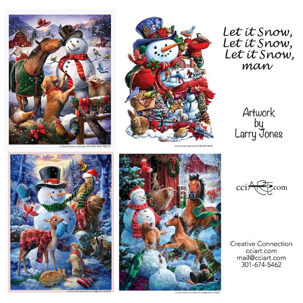 Four very detailed snowmen paintings including many animals.