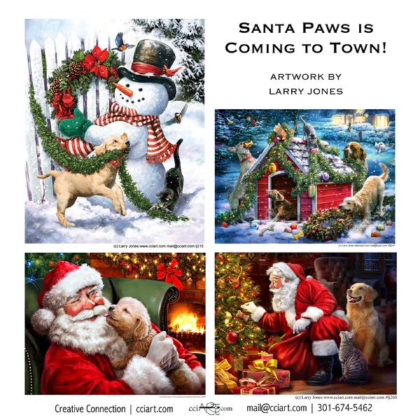Four Christmas designs with dogs and cats including Santa and a Snowman and a Dog House